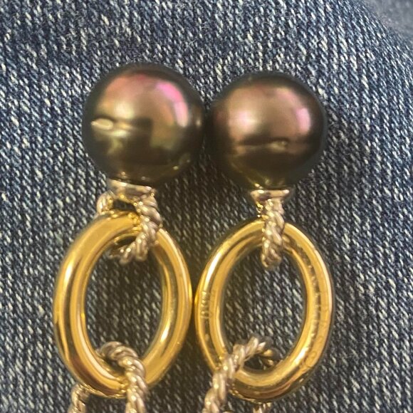 Iridesse Tiffany & Co. 18KYG & 925 Sterling Chain Tahitian Pearl Drop Earring - Picture 3 of 4